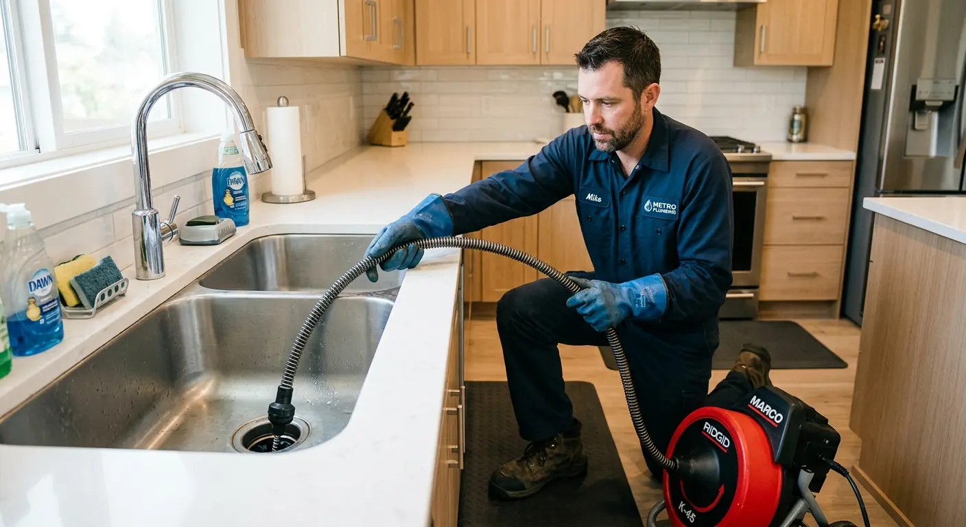 Drain cleaning technician using a motorized snake on a kitchen sink in Montrose