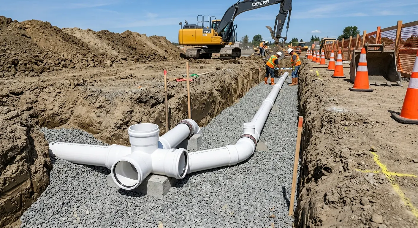 New PVC sewer pipe installation in open trench for Commercial Drain Cleaning in Montrose